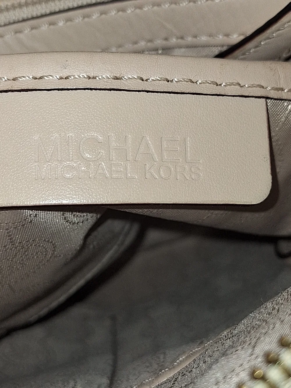 Michael Kors Beige and Tan MK Logo Shoulder Bag with Gold Hardware
